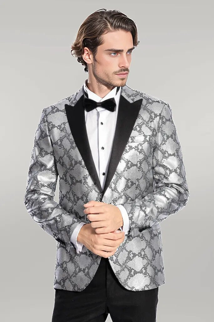 WSS Patterned Slim Fit Grey Men Prom Blazer  - Singen