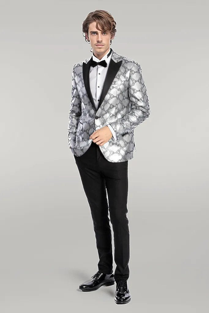 WSS Patterned Slim Fit Grey Men Prom Blazer  - Singen