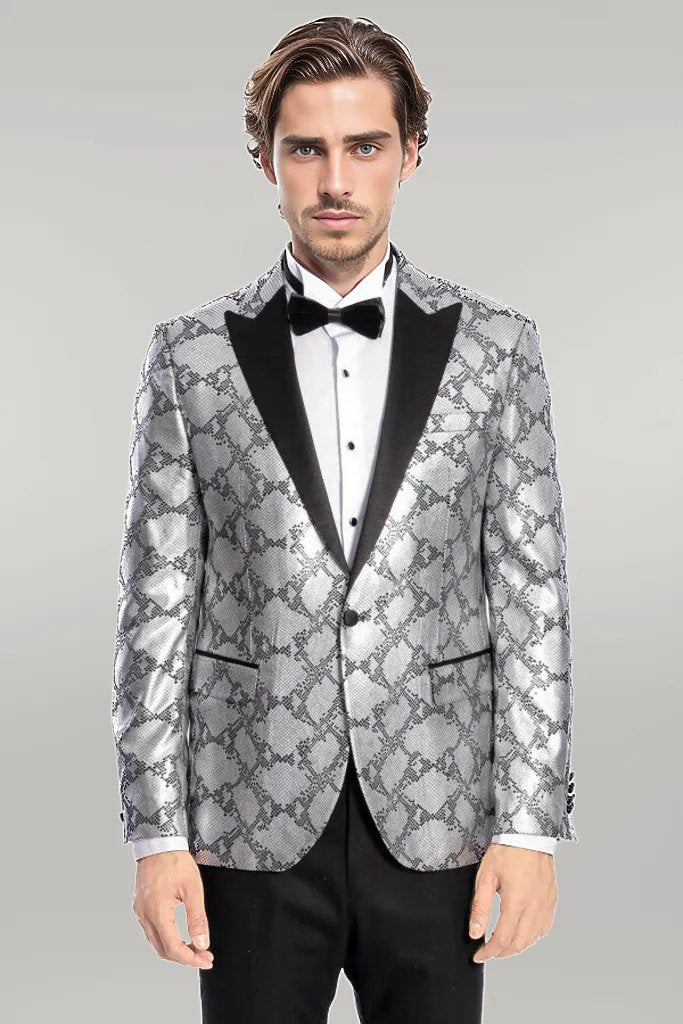 WSS Patterned Slim Fit Grey Men Prom Blazer  - Singen