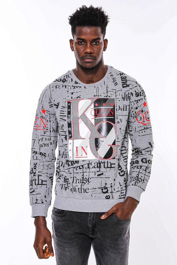 WSS Patterned Slim Fit Grey Sweatshirt  - Meaux