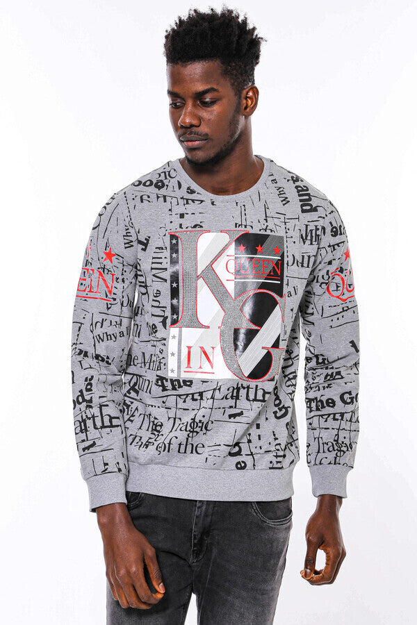 WSS Patterned Slim Fit Grey Sweatshirt  - Meaux
