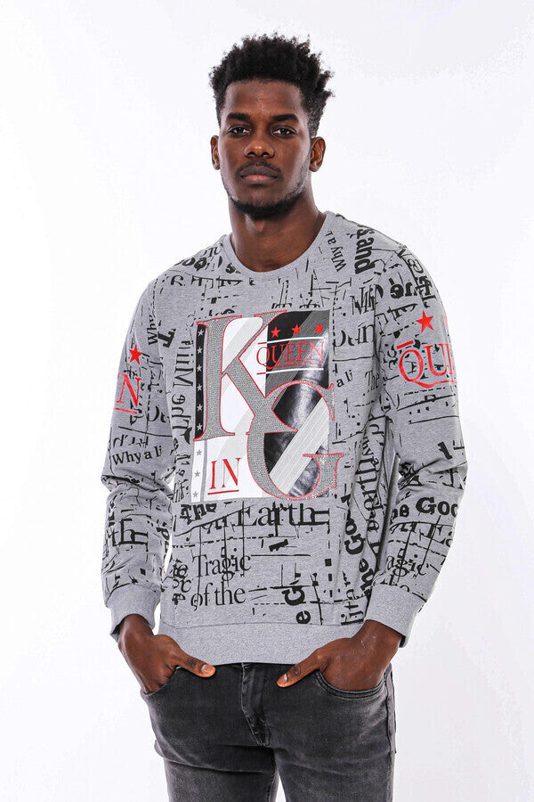 WSS Patterned Slim Fit Grey Sweatshirt  - Meaux