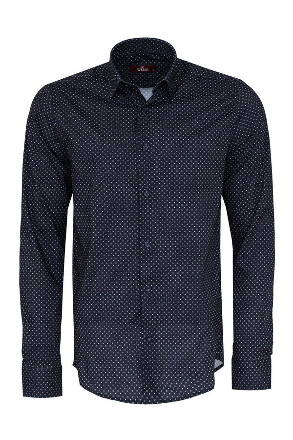 WSS Patterned Slim Fit Navy Blue Men Shirt  - Xico