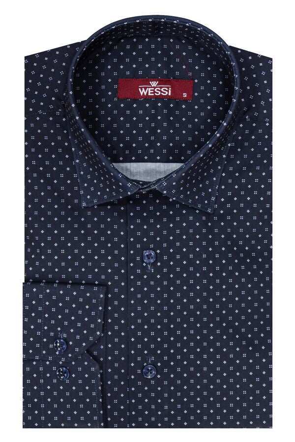 WSS Patterned Slim Fit Navy Blue Men Shirt  - Xico