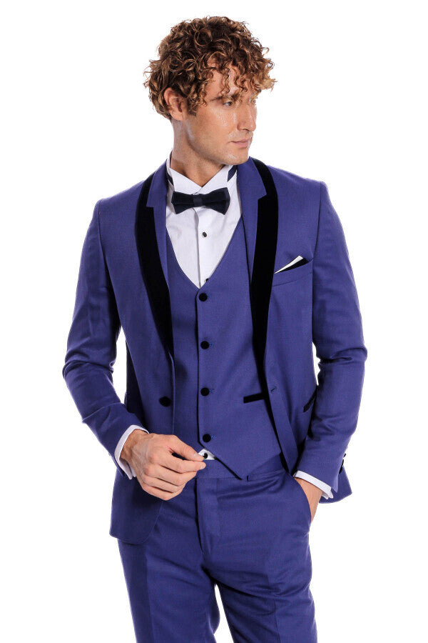 WSS Patterned Velvet Lapel Blue Men Tuxedo  - Juchitán de Zaragoza