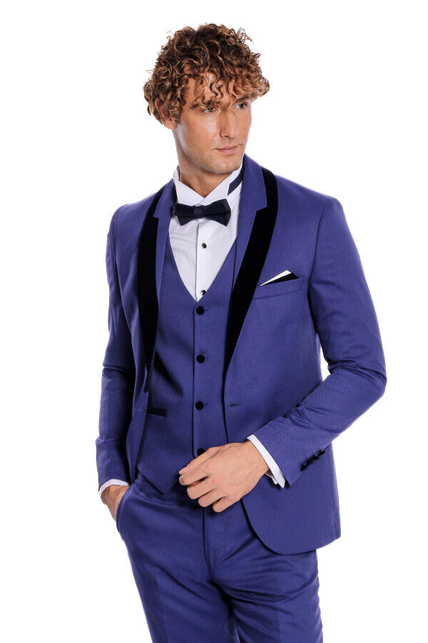 WSS Patterned Velvet Lapel Blue Men Tuxedo  - Juchitán de Zaragoza