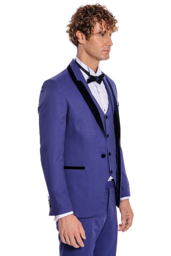 WSS Patterned Velvet Lapel Blue Men Tuxedo  - Juchitán de Zaragoza