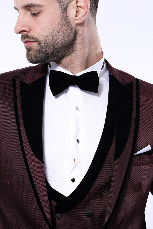 WSS Patterned Velvet Lapel Burgundy Tuxedo  - San Dimas