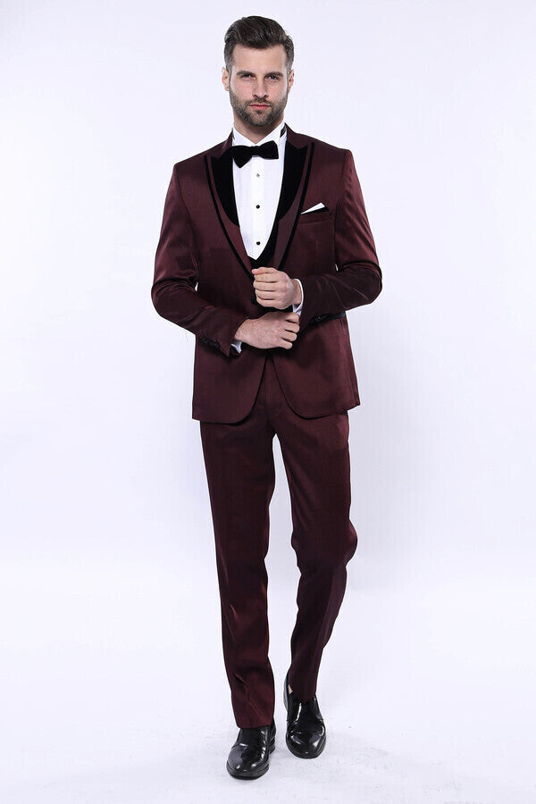 WSS Patterned Velvet Lapel Burgundy Tuxedo  - San Dimas