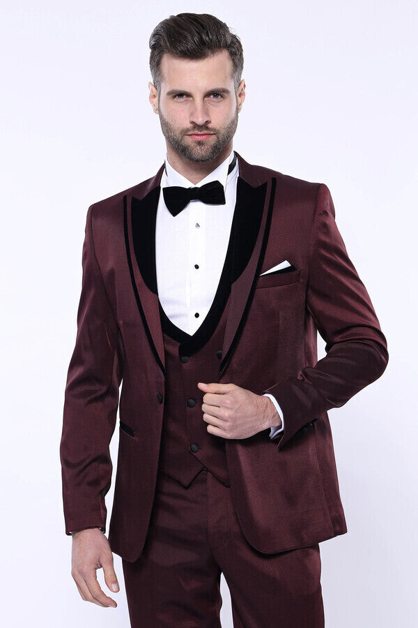 WSS Patterned Velvet Lapel Burgundy Tuxedo  - San Dimas