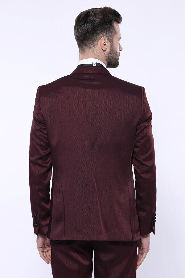 WSS Patterned Velvet Lapel Burgundy Tuxedo  - San Dimas