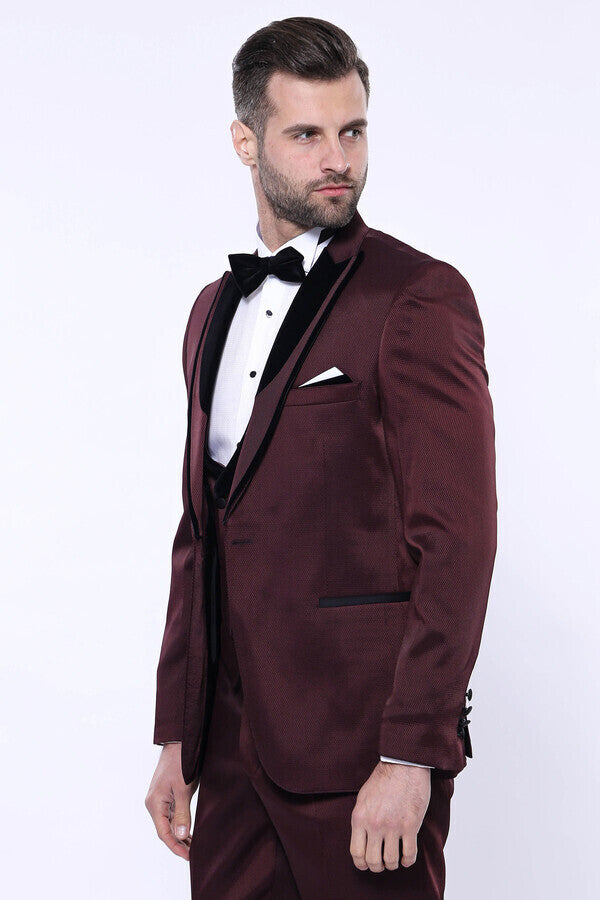 WSS Patterned Velvet Lapel Burgundy Tuxedo  - San Dimas