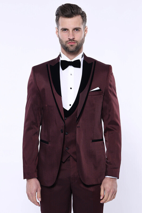 WSS Patterned Velvet Lapel Burgundy Tuxedo  - San Dimas