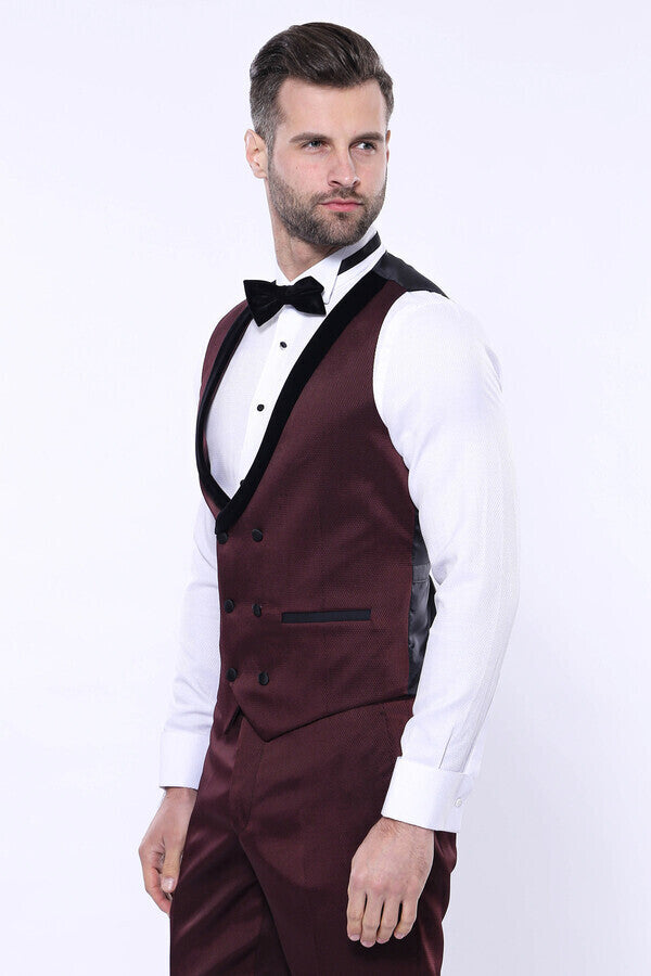 WSS Patterned Velvet Lapel Burgundy Tuxedo  - San Dimas