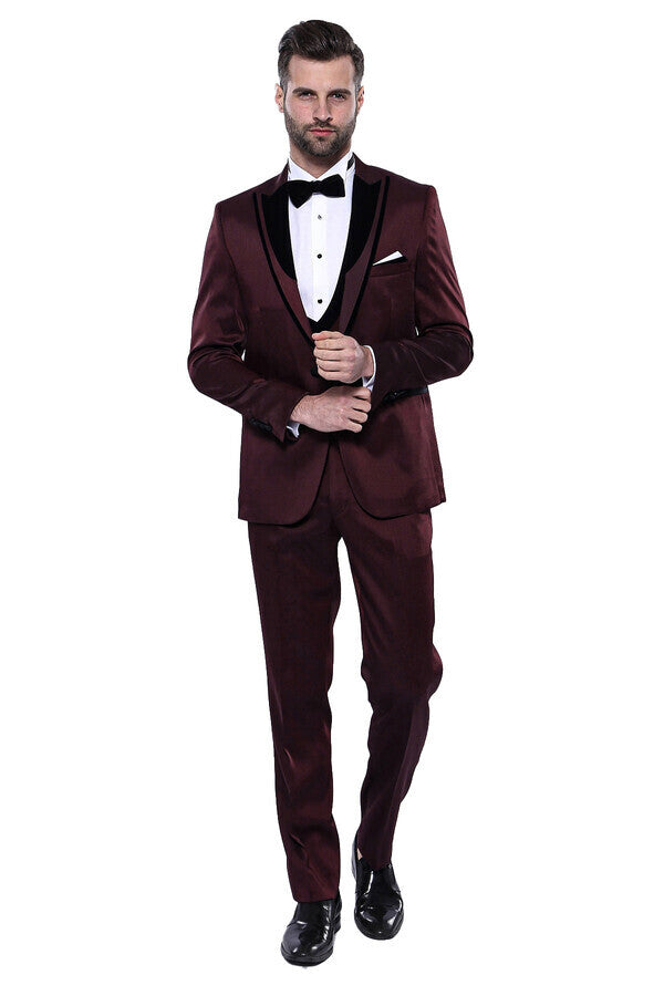 WSS Patterned Velvet Lapel Burgundy Tuxedo  - San Dimas
