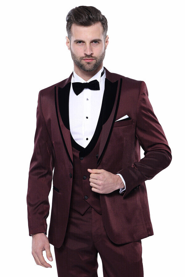 WSS Patterned Velvet Lapel Burgundy Tuxedo  - San Dimas