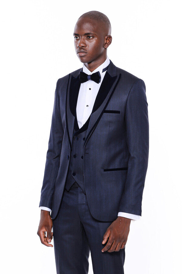 WSS Patterned Velvet Lapel Navy Blue Men Tuxedo  - Belfort