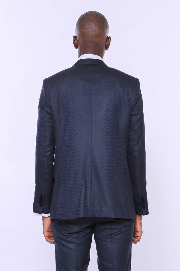 WSS Patterned Velvet Lapel Navy Blue Men Tuxedo  - Belfort