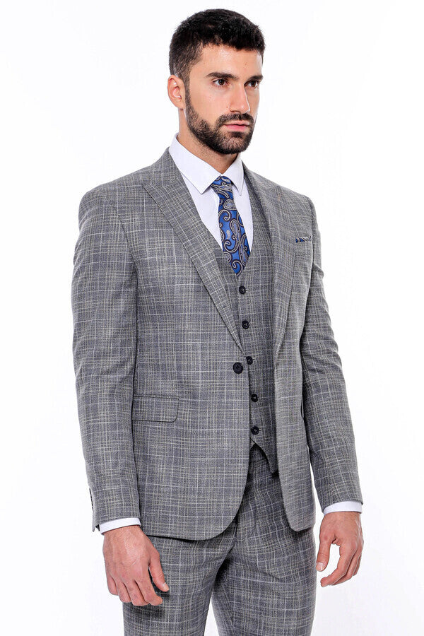 WSS Patterned Vested Slim-Fit Dark Grey Men’s Suit  - Castellammare di Stabia