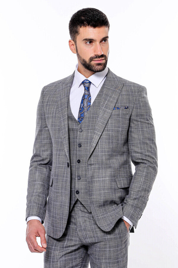 WSS Patterned Vested Slim-Fit Dark Grey Men’s Suit  - Castellammare di Stabia