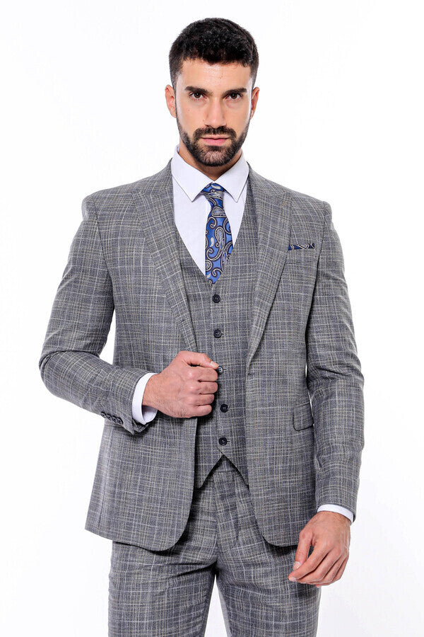 WSS Patterned Vested Slim-Fit Dark Grey Men’s Suit  - Castellammare di Stabia