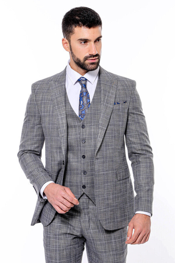 WSS Patterned Vested Slim-Fit Dark Grey Men’s Suit  - Castellammare di Stabia