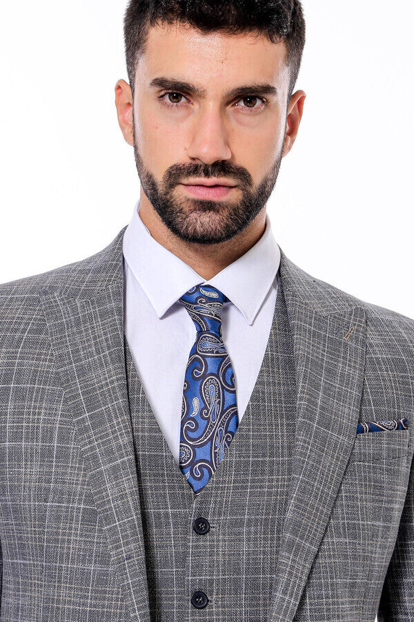 WSS Patterned Vested Slim-Fit Dark Grey Men’s Suit  - Castellammare di Stabia