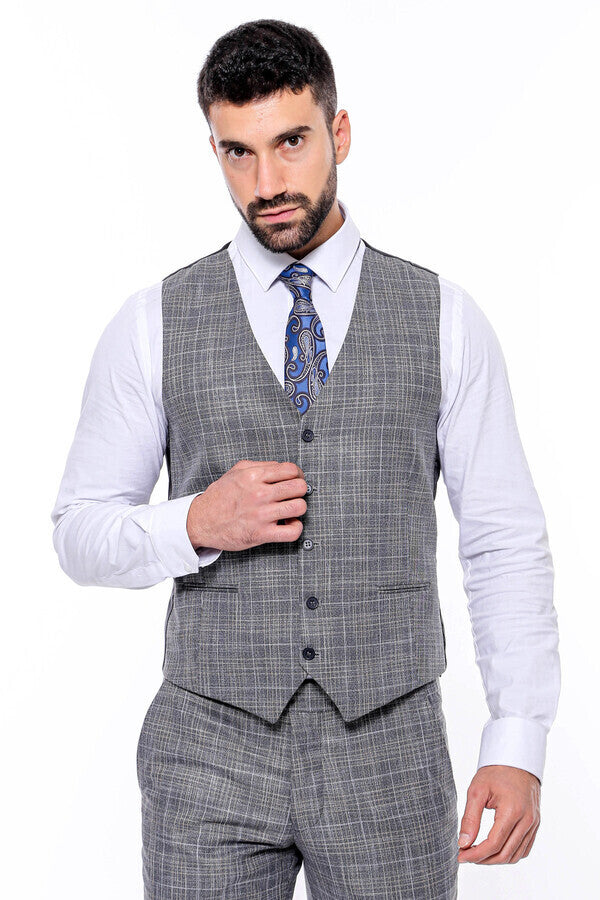 WSS Patterned Vested Slim-Fit Dark Grey Men’s Suit  - Castellammare di Stabia