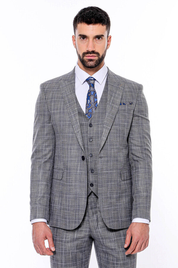WSS Patterned Vested Slim-Fit Dark Grey Men’s Suit  - Castellammare di Stabia