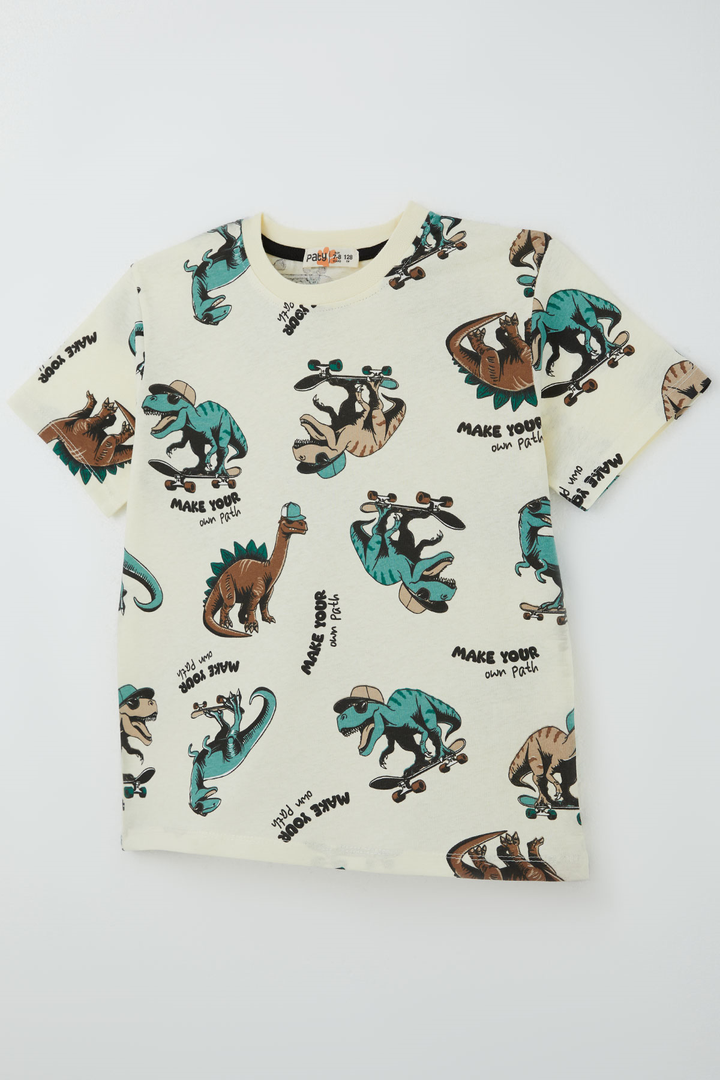 BRE Paty Kıds Erkek Çocuk Pijama Takımı Kısa Kollu Motivasyon Temalı Kaykaycı Dinozor Desenli 82 Yaş, Krem - Florence