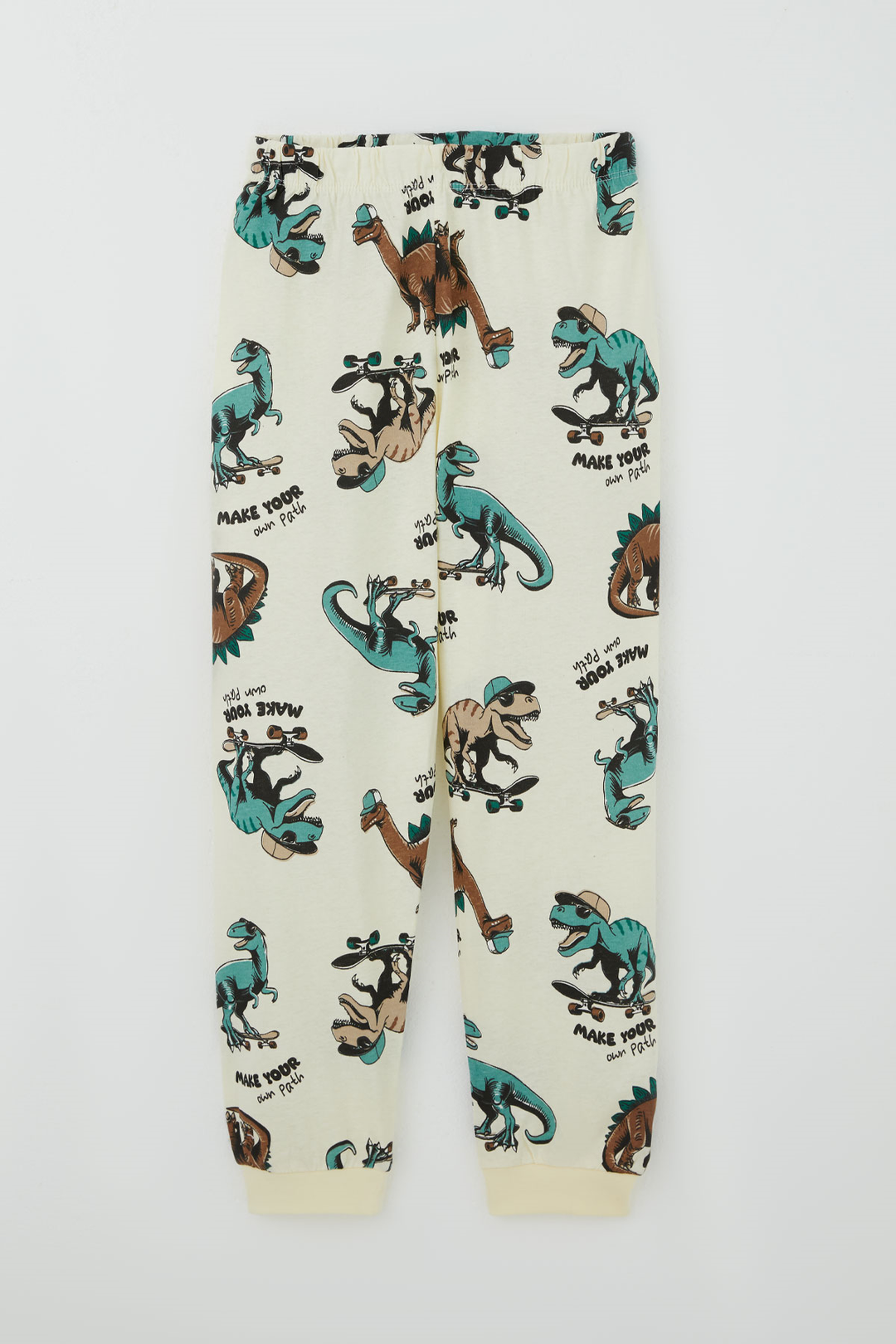 BRE Paty Kıds Erkek Çocuk Pijama Takımı Kısa Kollu Motivasyon Temalı Kaykaycı Dinozor Desenli 82 Yaş, Krem - Florence