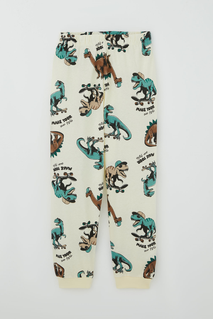 BRE Paty Kıds Erkek Çocuk Pijama Takımı Kısa Kollu Motivasyon Temalı Kaykaycı Dinozor Desenli 82 Yaş, Krem - Florence