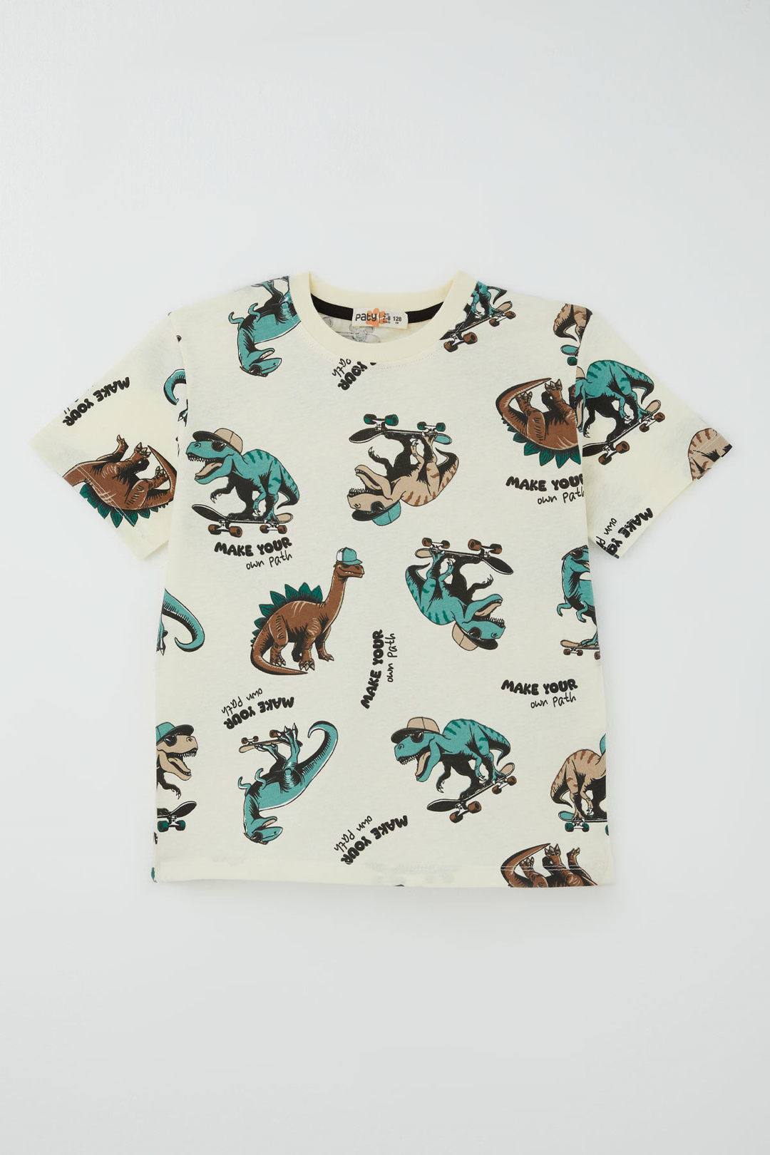 BRE Paty Kıds Erkek Çocuk Pijama Takımı Kısa Kollu Motivasyon Temalı Kaykaycı Dinozor Desenli 82 Yaş, Krem - Florence