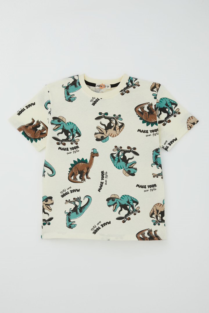 BRE Paty Kıds Erkek Çocuk Pijama Takımı Kısa Kollu Motivasyon Temalı Kaykaycı Dinozor Desenli 82 Yaş, Krem - Florence