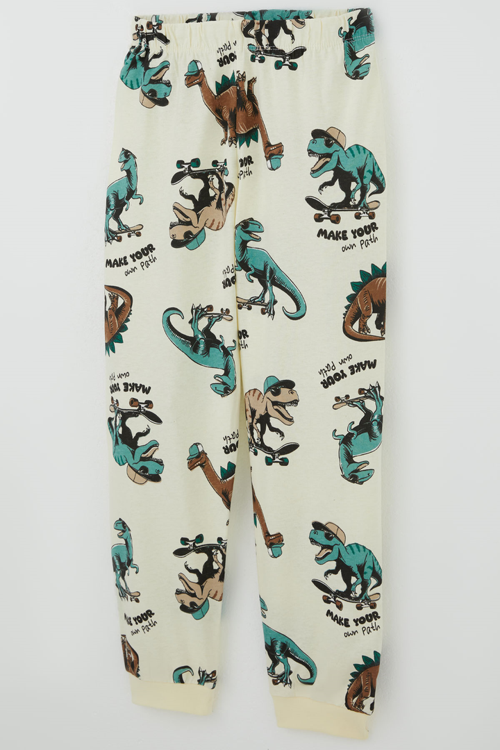 BRE Paty Kıds Erkek Çocuk Pijama Takımı Kısa Kollu Motivasyon Temalı Kaykaycı Dinozor Desenli 82 Yaş, Krem - Florence