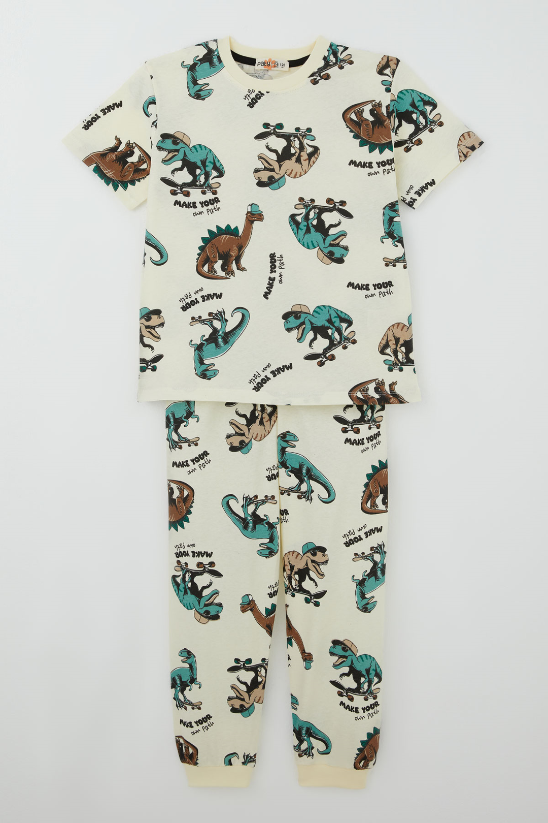 BRE Paty Kıds Erkek Çocuk Pijama Takımı Kısa Kollu Motivasyon Temalı Kaykaycı Dinozor Desenli 82 Yaş, Krem - Florence