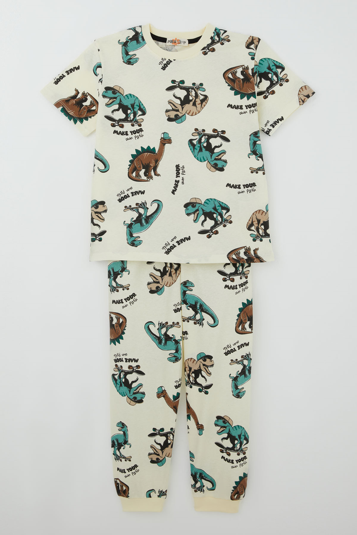 BRE Paty Kıds Erkek Çocuk Pijama Takımı Kısa Kollu Motivasyon Temalı Kaykaycı Dinozor Desenli 82 Yaş, Krem - Florence