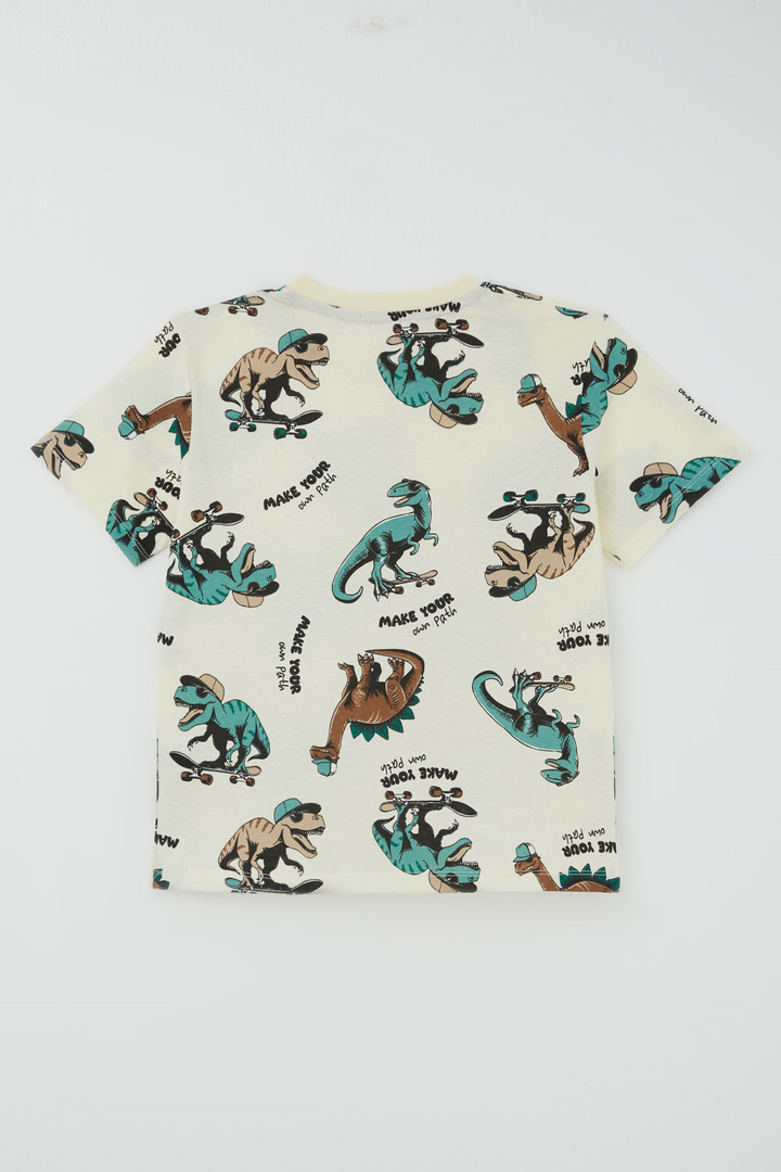 BRE Paty Kıds Erkek Çocuk Pijama Takımı Kısa Kollu Motivasyon Temalı Kaykaycı Dinozor Desenli 82 Yaş, Krem - Florence
