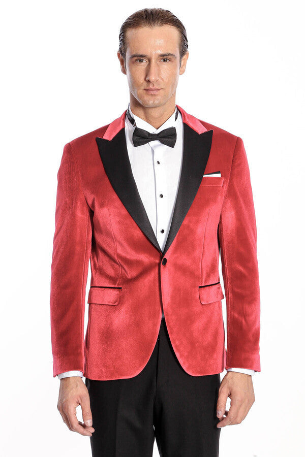 سترة WSS Peak Lapel Velvet Red للرجال للحفلات الراقصة - سينجين
