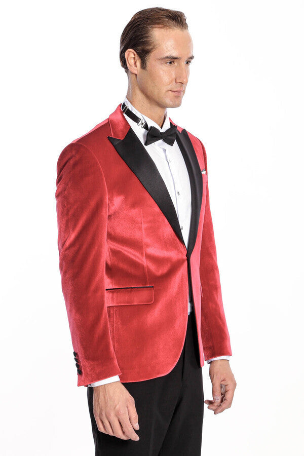 سترة WSS Peak Lapel Velvet Red للرجال للحفلات الراقصة - سينجين