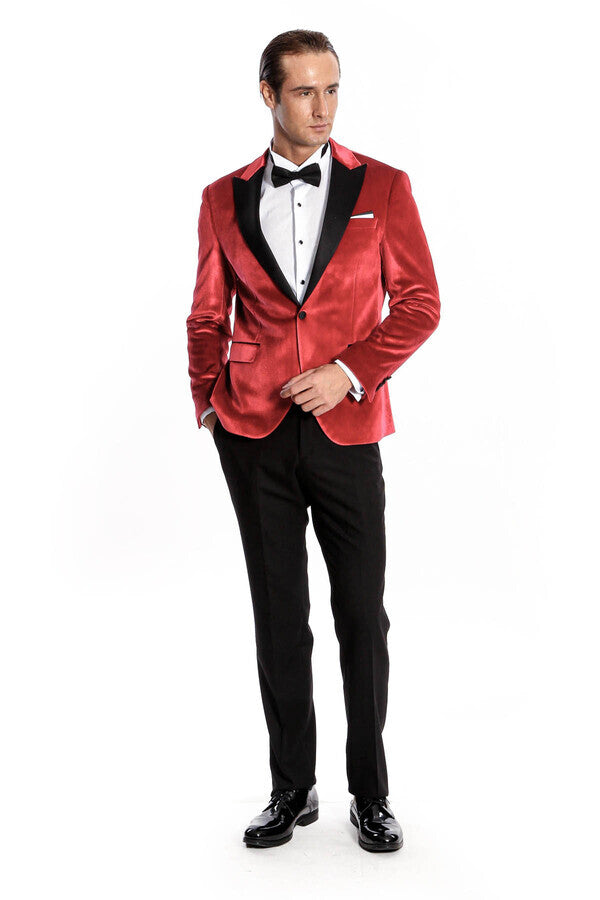 سترة WSS Peak Lapel Velvet Red للرجال للحفلات الراقصة - سينجين
