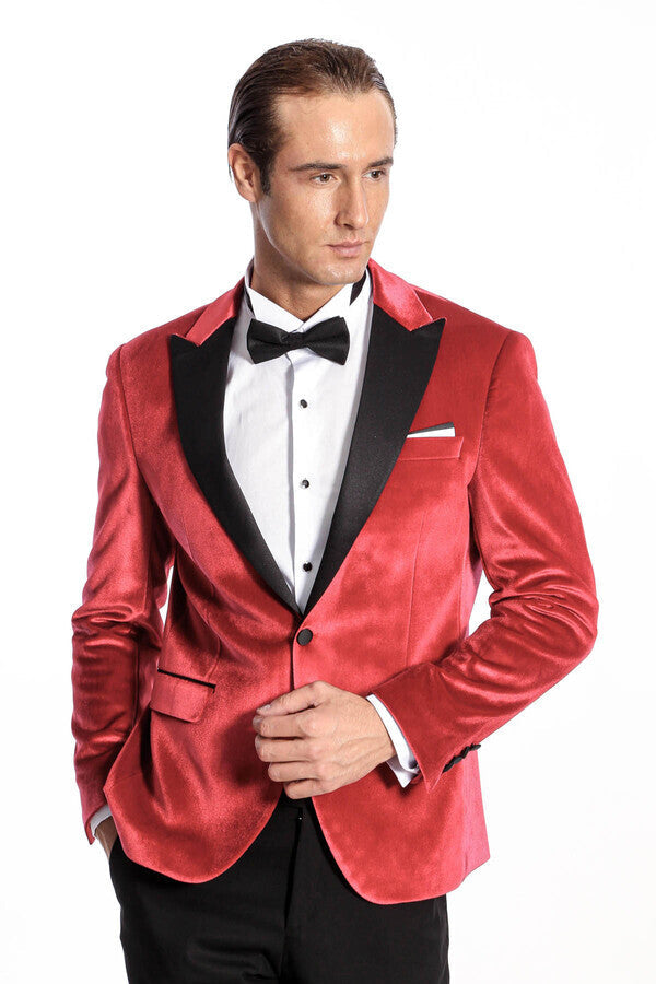 سترة WSS Peak Lapel Velvet Red للرجال للحفلات الراقصة - سينجين