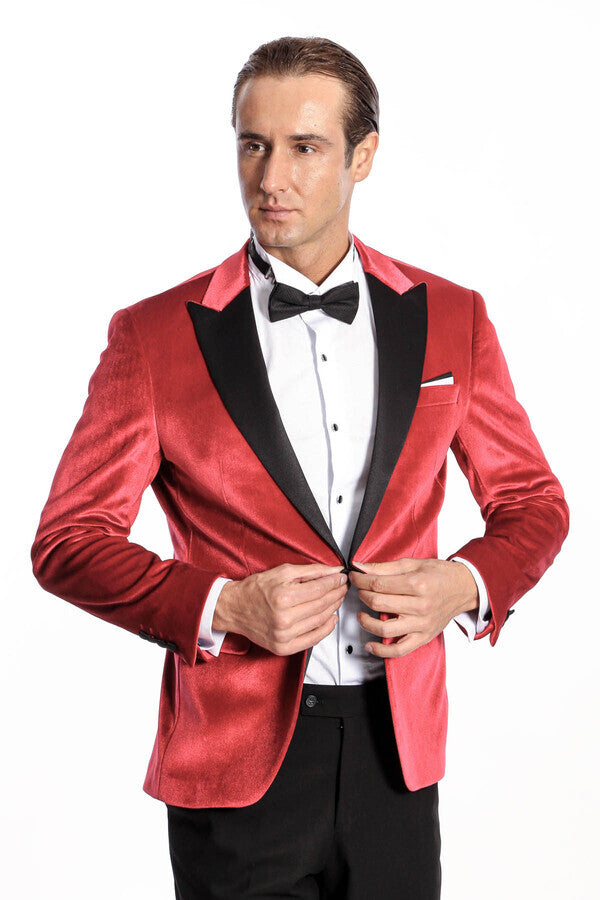 سترة WSS Peak Lapel Velvet Red للرجال للحفلات الراقصة - سينجين