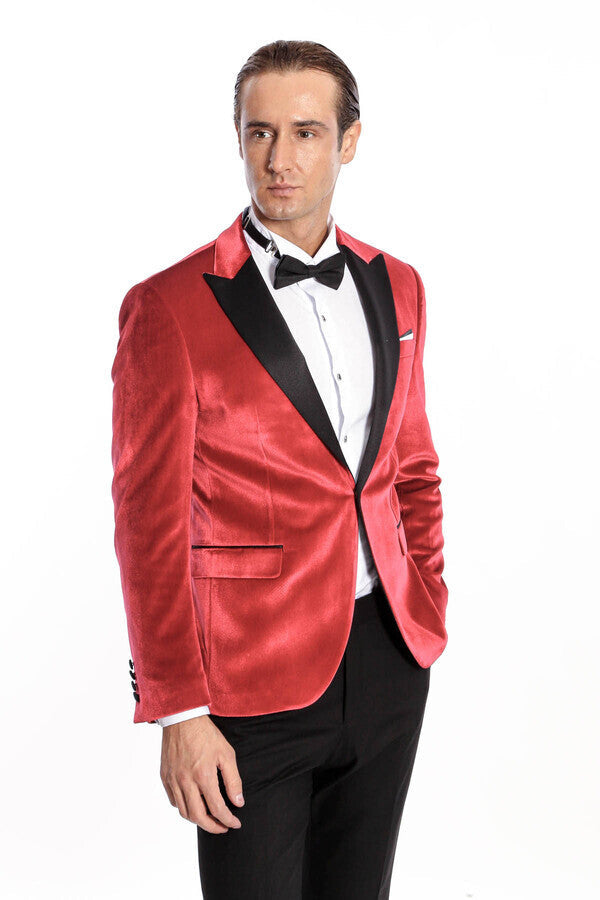 سترة WSS Peak Lapel Velvet Red للرجال للحفلات الراقصة - سينجين