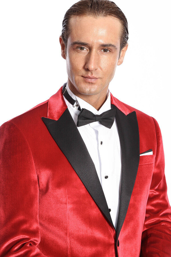 سترة WSS Peak Lapel Velvet Red للرجال للحفلات الراقصة - سينجين