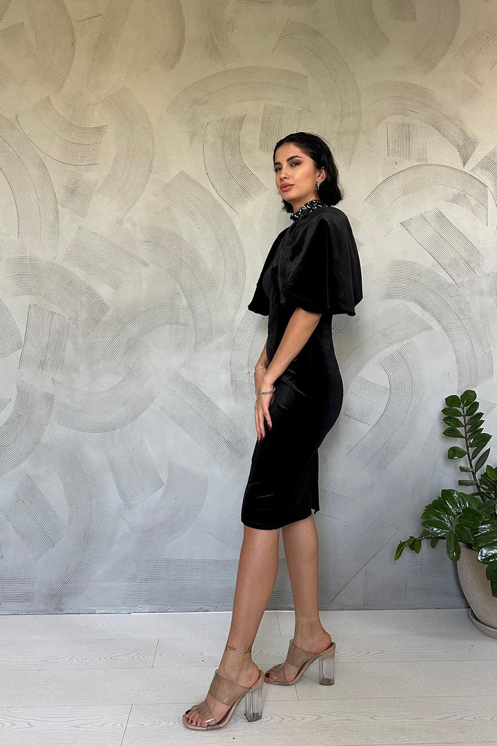 ELS Detailed Dress with Cape - Black - Lawrence