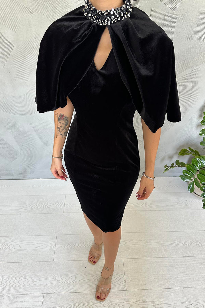 ELS Detailed Dress with Cape - Black - Lawrence