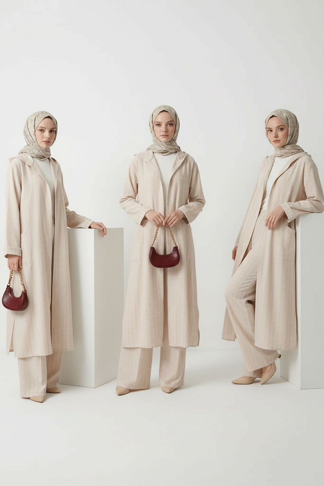Pembe Alaçatı Keten Kapüşonlu Çizgili Tesettür Alt Üst Takım - Halton Hills