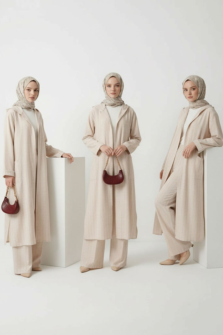 Pembe Alaçatı Keten Kapüşonlu Çizgili Tesettür Alt Üst Takım - Halton Hills
