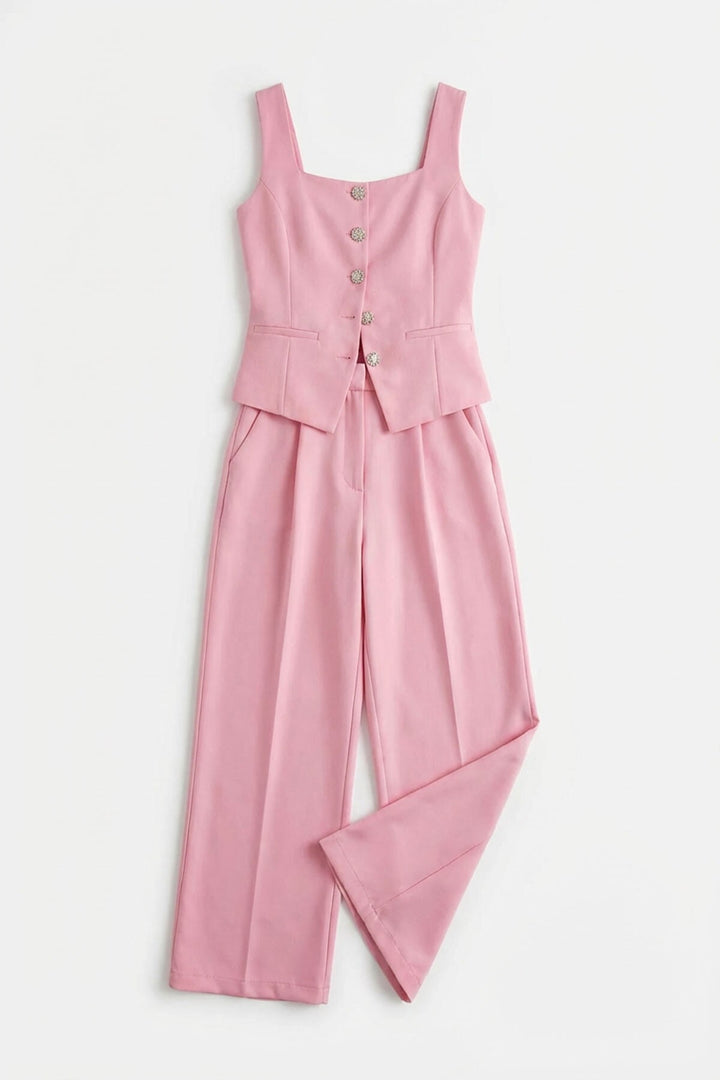 Pembe Brit Detaylı Kare Yaka Crep Bluz Ve Pantolon Alt Üst Takım BCHN-2626844 - Almere